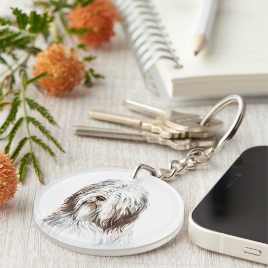 Waterverf Bearded Collie Sleutelhanger (Voorkant Rechts)