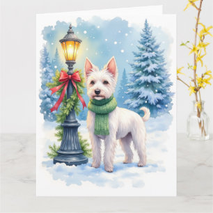 Waterverf Bedlington Terrier Lantaarnpaal Kerstmis Kaart