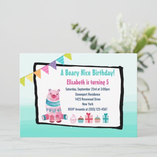 Waterverf Beer Beary Nice Birthday Party nodigt ui Kaart (Staand voorkant)