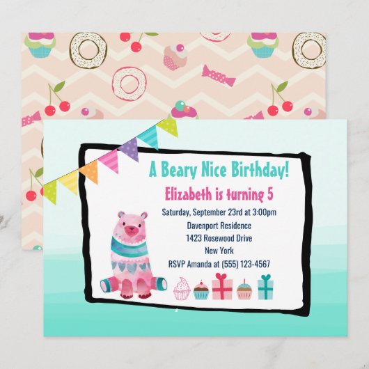 Waterverf Beer Beary Nice Birthday Party nodigt ui Kaart (Voorkant / Achterkant)