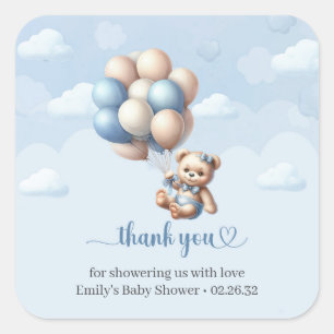 Waterverf beer blauw ivoren ballonnen baby shower vierkante sticker