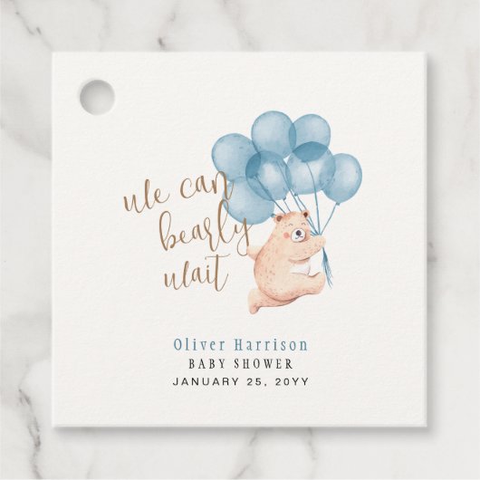 Waterverf Beer Blauwe Balloon Baby shower Classic  Bedankjes Labels (Voorkant)