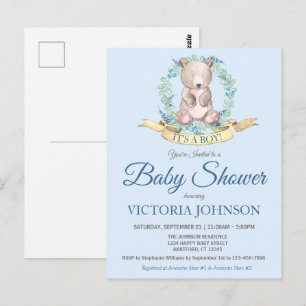 Waterverf Beer Blue Floral Boy Baby shower nodigt Briefkaart