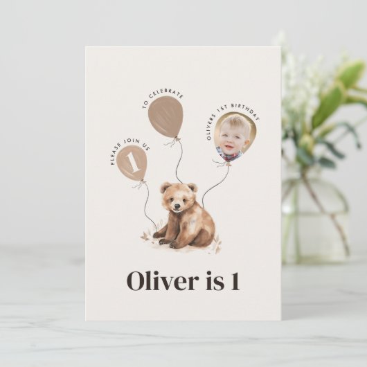 Waterverf beer foto 1e verjaardag modern kaart (Staand voorkant)