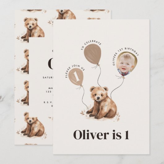 Waterverf beer foto 1e verjaardag modern kaart (Voorkant / Achterkant)