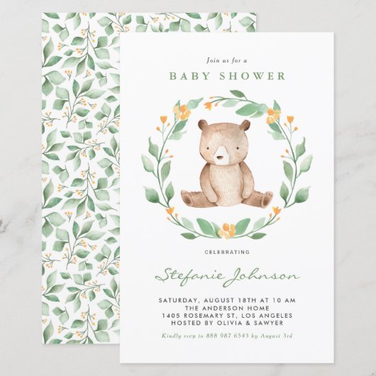 Waterverf Beer Greenery Baby shower Uitnodiging (Voorkant / Achterkant)