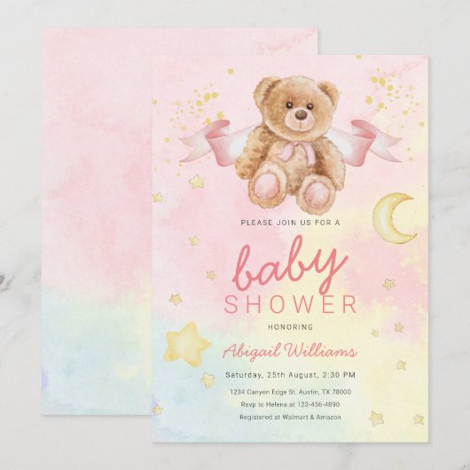 Waterverf beer meisje met manen/sterren baby showe kaart (Voorkant / Achterkant)