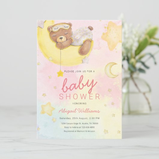 Waterverf beer meisje met manen/sterren baby showe kaart (Staand voorkant)