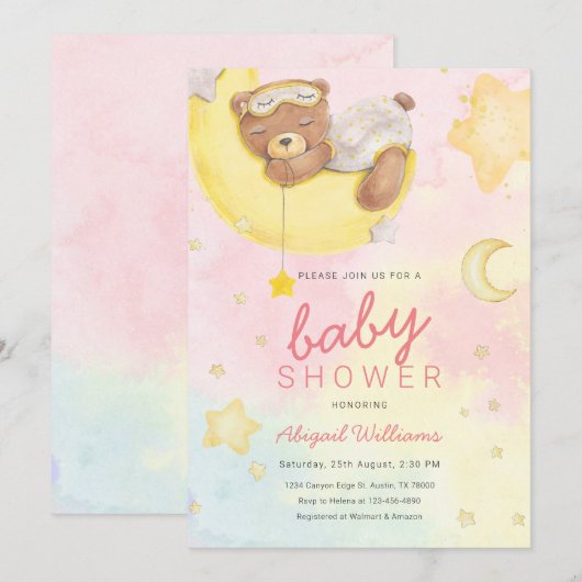 Waterverf beer meisje met manen/sterren baby showe kaart (Voorkant / Achterkant)