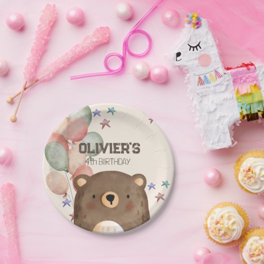 waterverf beer met ballonnen verjaardagspapier bor papieren bordje (Feest)