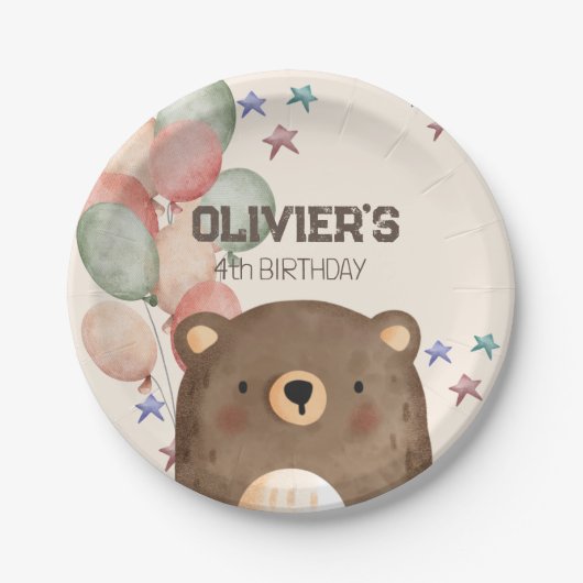 waterverf beer met ballonnen verjaardagspapier bor papieren bordje (Voorkant)
