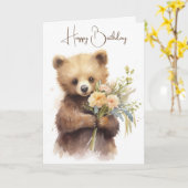 Waterverf Beer met een Verjaardagsboeket Kaart (Gele Bloem)