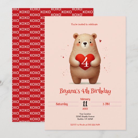 Waterverf Beer Rode Hart xoxo Valentijn Verjaardag Kaart (Voorkant / Achterkant)