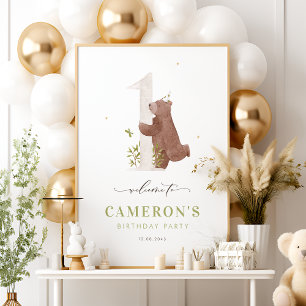 Waterverf Beer Woodland eerste verjaardag welkom Poster