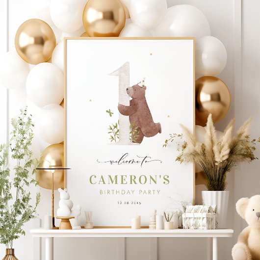 Waterverf Beer Woodland eerste verjaardag welkom Poster