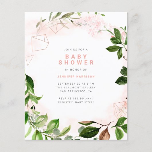 Waterverf begroting Blush & Greenery Baby shower (Voorkant)