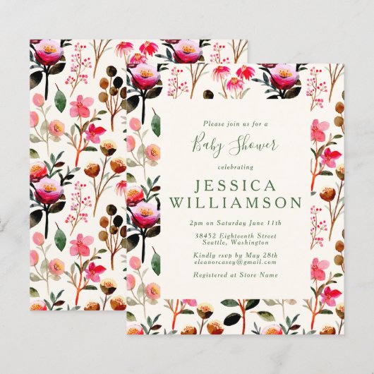 Waterverf begroting Floral Pink Groen Baby shower (Voorkant / Achterkant)