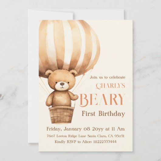 Waterverf beige beary eerste 1e verjaardag kaart (Voorkant)