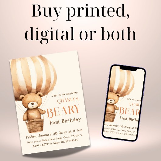 Waterverf beige beary eerste 1e verjaardag kaart