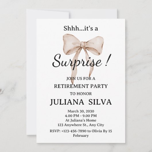 Waterverf Beige Bow Surprise Retirement Party Kaart (Voorkant)