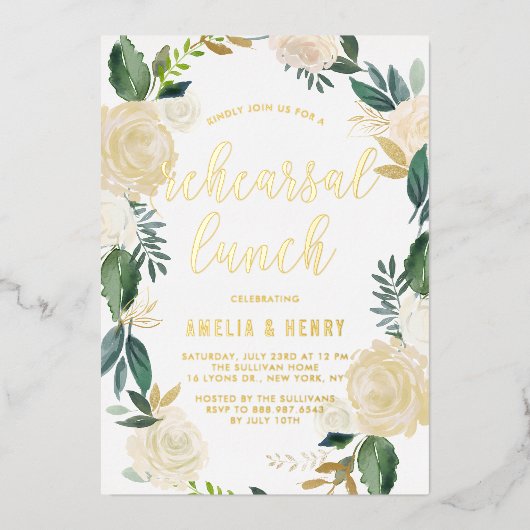 Waterverf Beige Peonies Wreator Rehearsal Lunch Folie Uitnodiging (Voorkant)