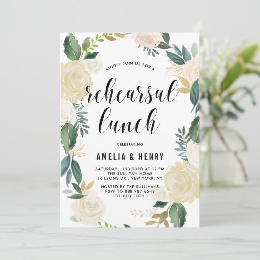 Waterverf Beige Peonies Wreator Rehearsal Lunch Kaart (Staand voorkant)