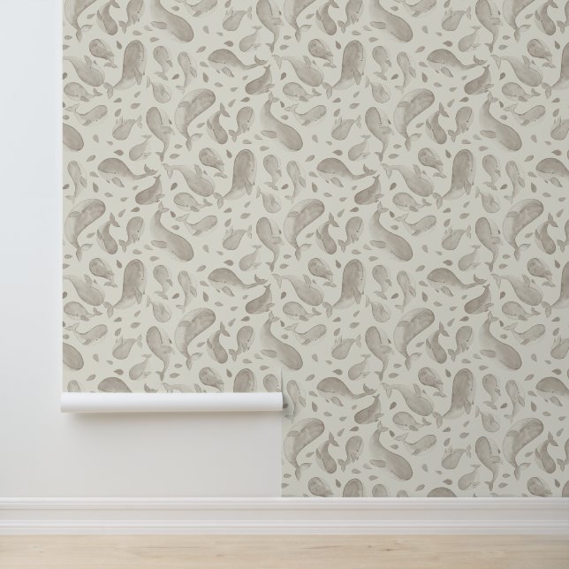 Waterverf Beige Walvis Paisley met Crème Behang (Applicatie)
