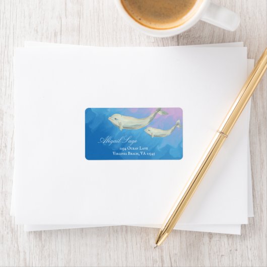 Waterverf Beluga Whale Mam en Calf Adres Etiket (Insitu)