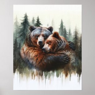 Waterverf Beren Bomen Rustieke Wilderness Wall Art Poster
