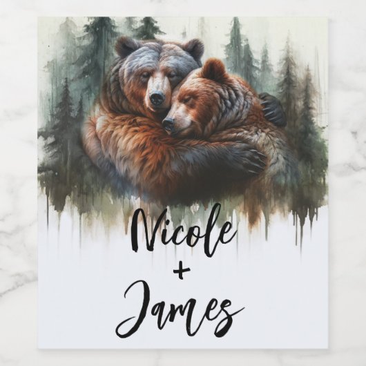 Waterverf Beren rustieke wildernis bruiloft Wijn Etiket (Enkel label)