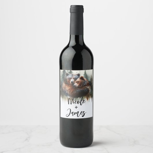 Waterverf Beren rustieke wildernis bruiloft Wijn Etiket (Voorkant)