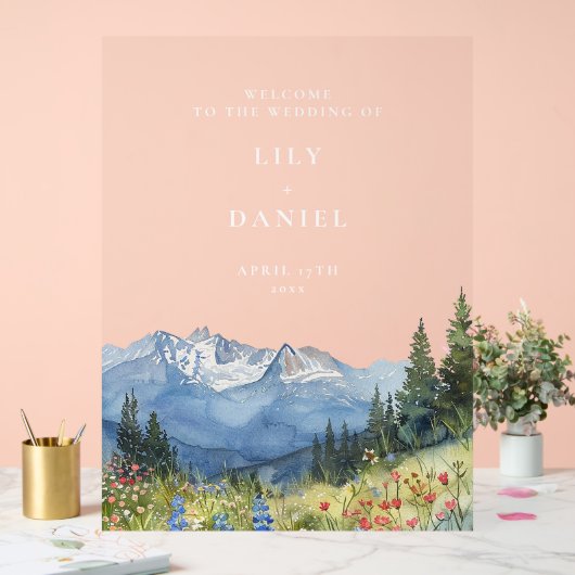 Waterverf Berg Bloemen Huwelijk Welkom Acryl Bord (Huwelijk)