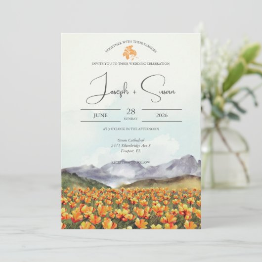 Waterverf Berg Bloemen Tuin Meadow Bruiloft Kaart (Staand voorkant)