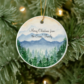 Waterverf berg bosmaffamilie keramisch ornament