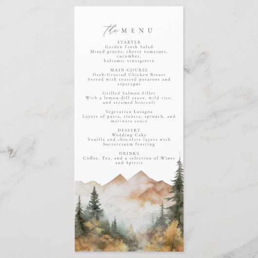 Waterverf Berg Bruiloft Menu (Voorkant)