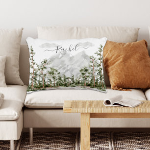 Waterverf berg en bos met monogram accent kussen