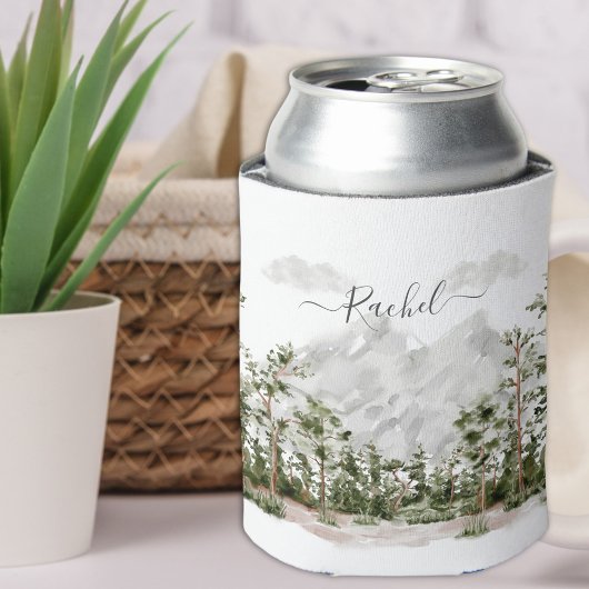 Waterverf berg en bos met monogram blikjeskoeler