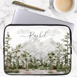 Waterverf berg en bos met monogram laptop sleeve