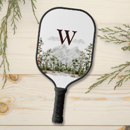 Waterverf berg en bos met monogram pickleball paddle
