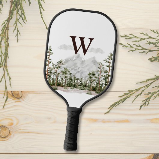 Waterverf berg en bos met monogram pickleball paddle