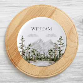 Waterverf berg en bos met monogram ronde button 3,2 cm