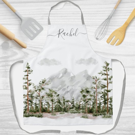 Waterverf berg en bos met monogram schort