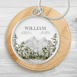 Waterverf berg en bos met monogram sleutelhanger