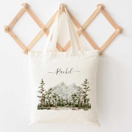 Waterverf berg en bos met monogram tote bag