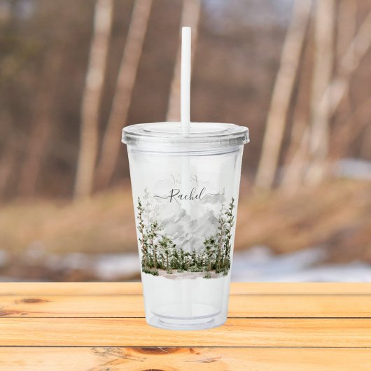 Waterverf berg- en boslandschap met monogram acryl drinkbeker