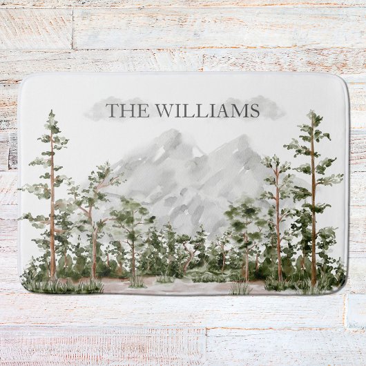 Waterverf berg- en boslandschap met monogram badmat
