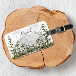 Waterverf berg- en boslandschap met monogram bagagelabel