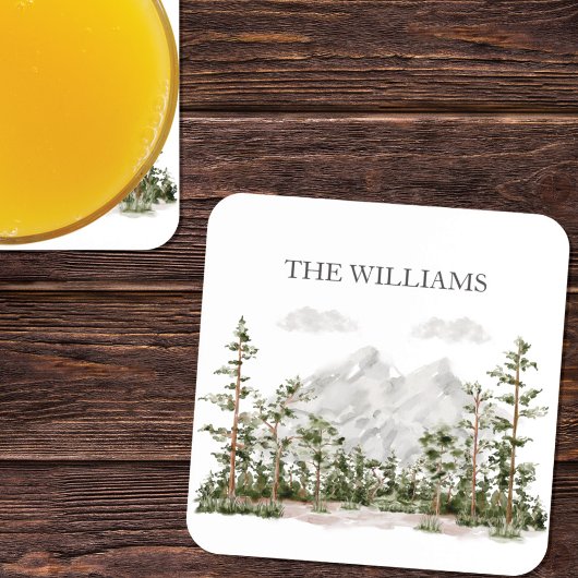 Waterverf berg- en boslandschap met monogram bier onderzetter