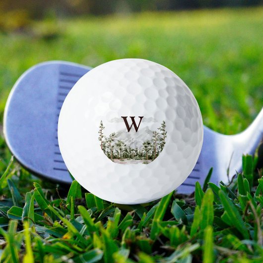 Waterverf berg- en boslandschap met monogram golfballen
