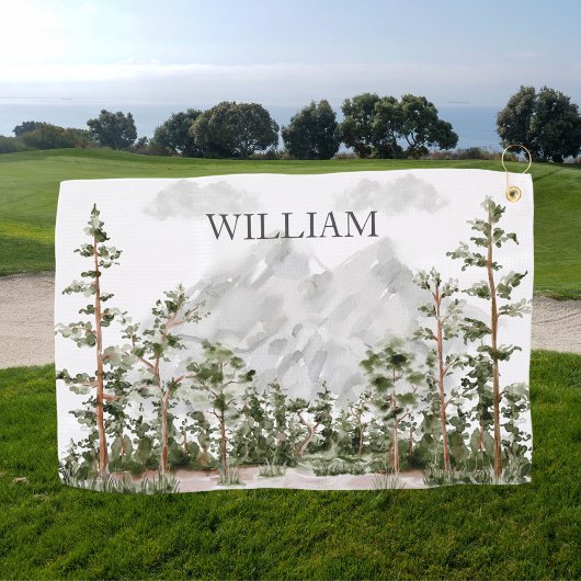 Waterverf berg- en boslandschap met monogram golfhanddoek
